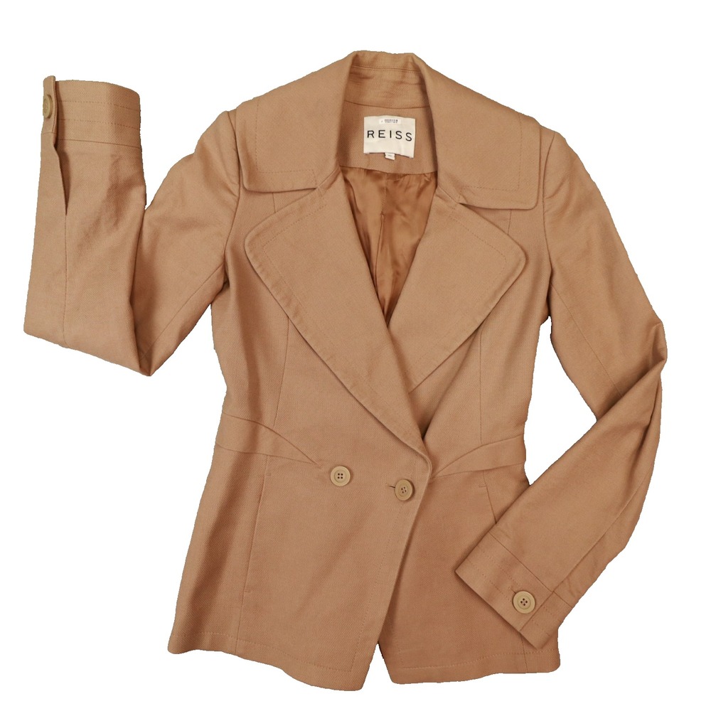 Reiss Double Breasted Tailored Cotton Blazer Khaki Tan XS Office Career City